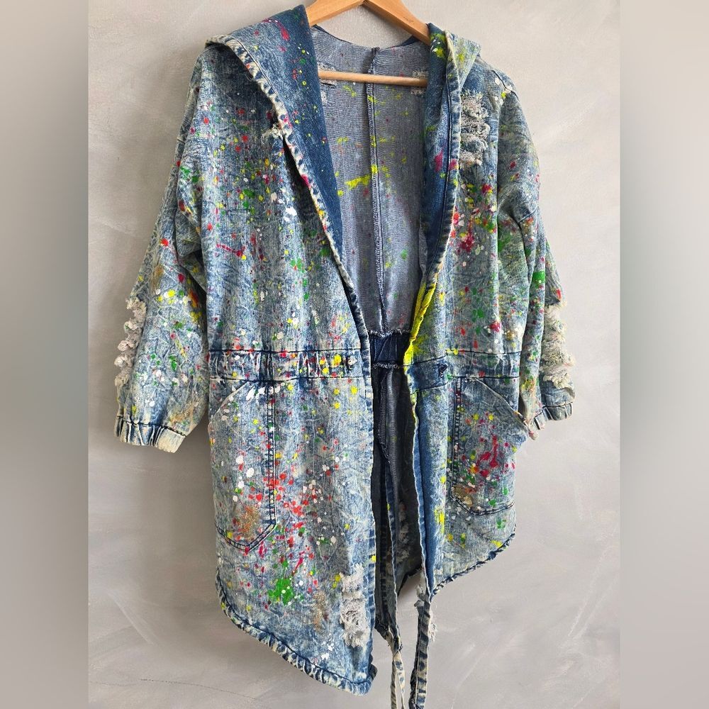 Aphrodite Acid Wash Denim Paint Splatter Open Frnt Long Jacket L Distress Hood - Picture 13 of 14